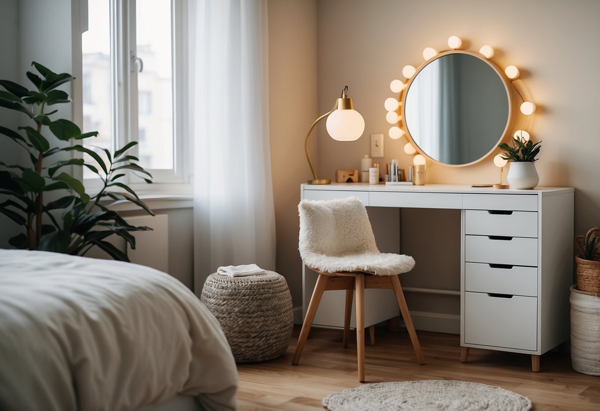 A well-lit bedroom with a sleek Ikea dressing table, surrounded by modern furniture and decor