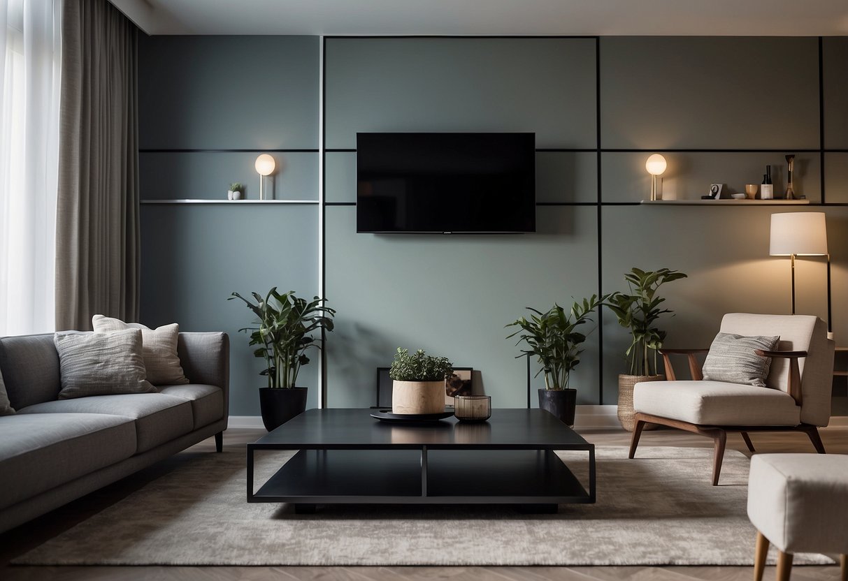 A rectangular living room with a sofa and two chairs facing each other, a coffee table in the center, and a TV mounted on the wall opposite the seating area