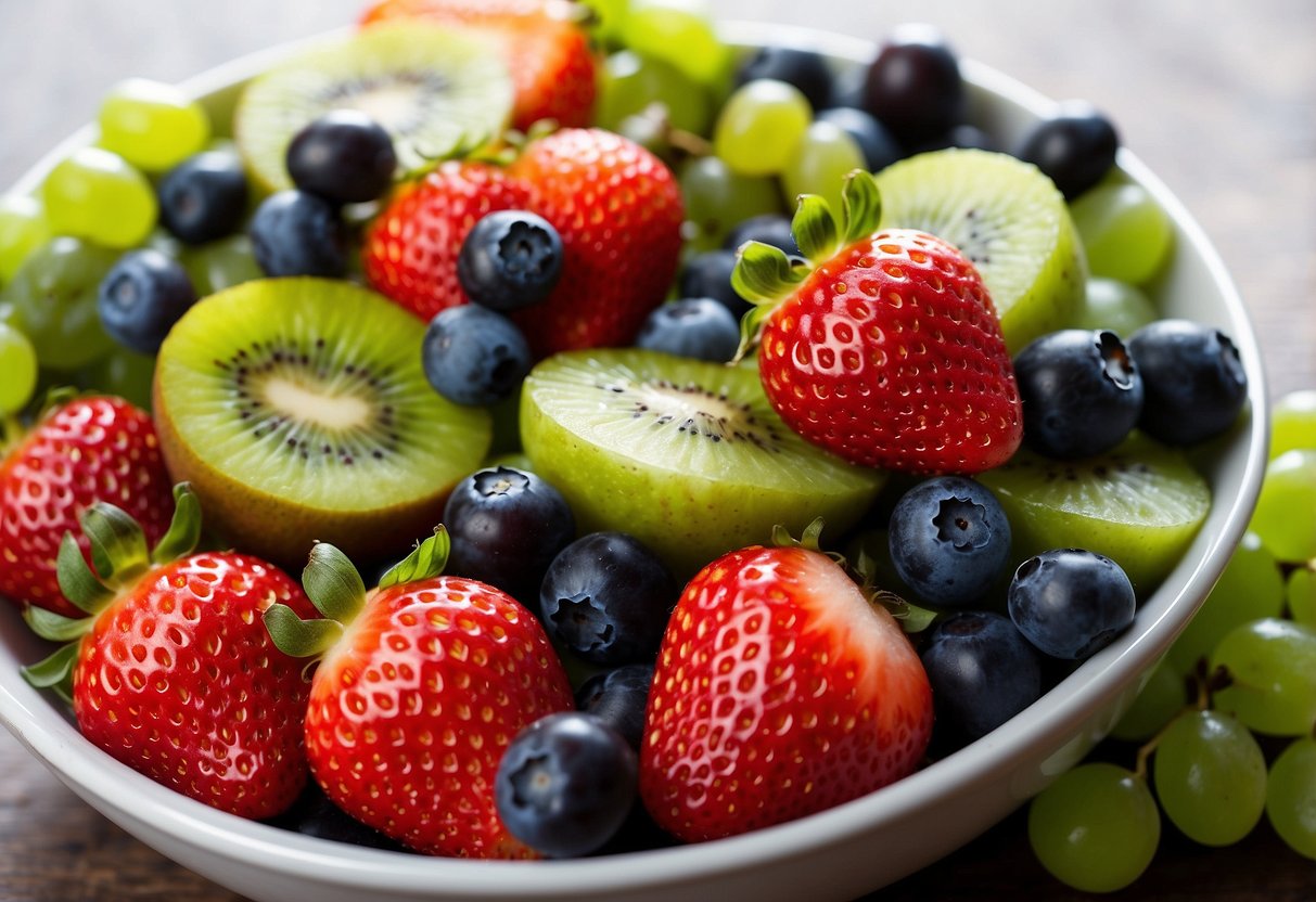 A colorful array of fresh fruits, including strawberries, blueberries, grapes, and kiwi, are mixed together in a large bowl, creating a vibrant and appetizing fruit salad