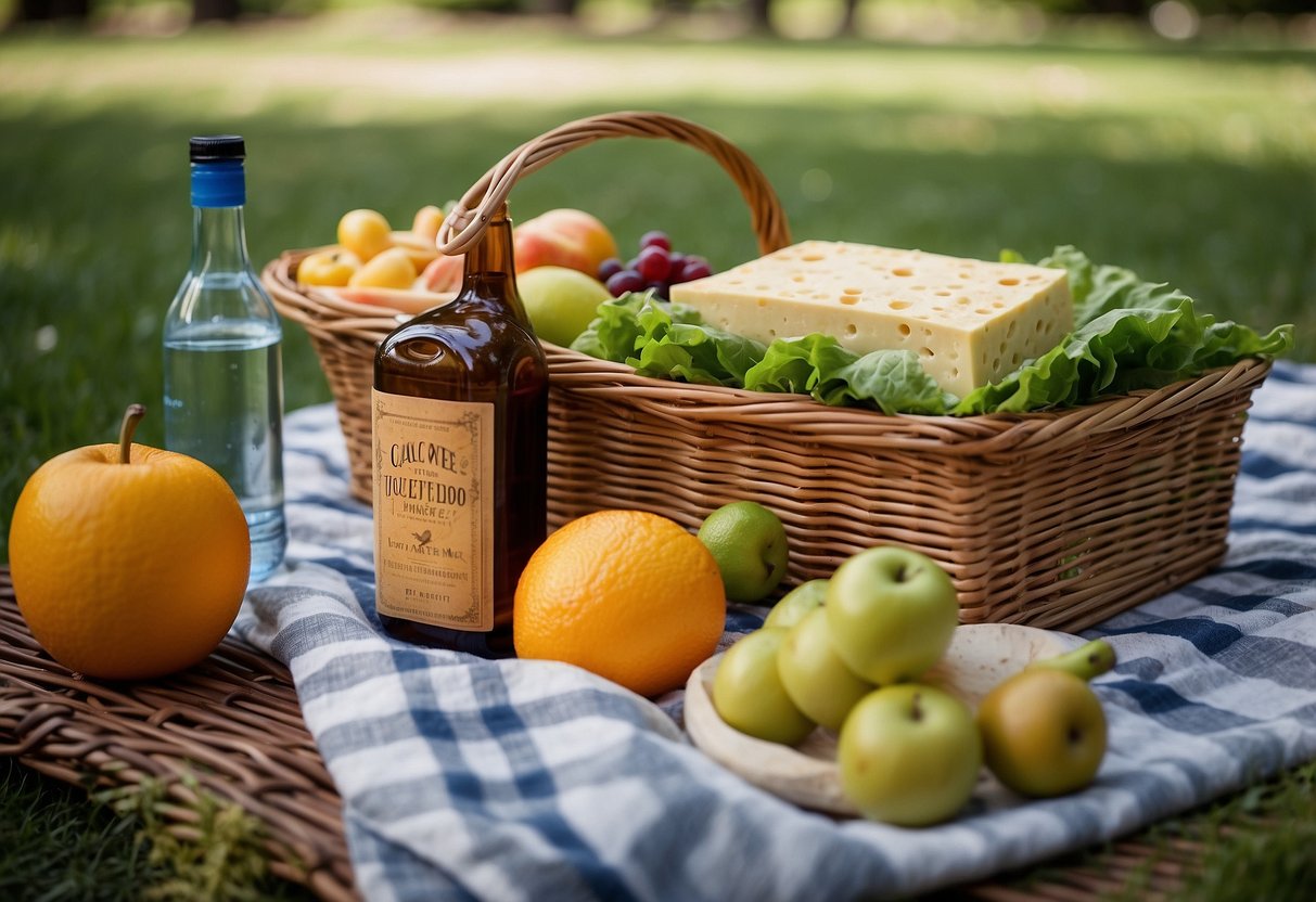 A picnic blanket with a spread of lettuce wraps, turkey, and cheese. A basket of fresh fruits and a bottle of water sit nearby