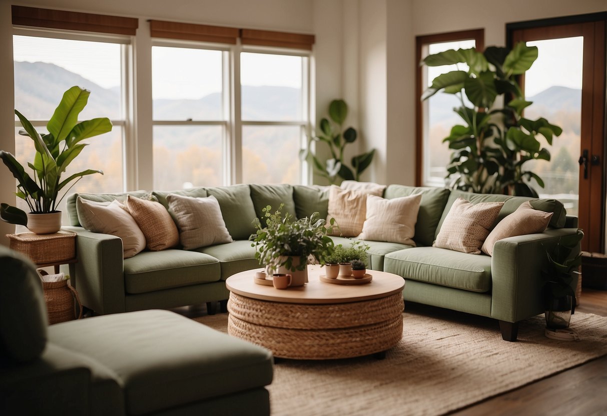 A cozy living room with modern Homestead furniture, soft lighting, and green plants. A warm color palette and comfortable seating invite relaxation and conversation