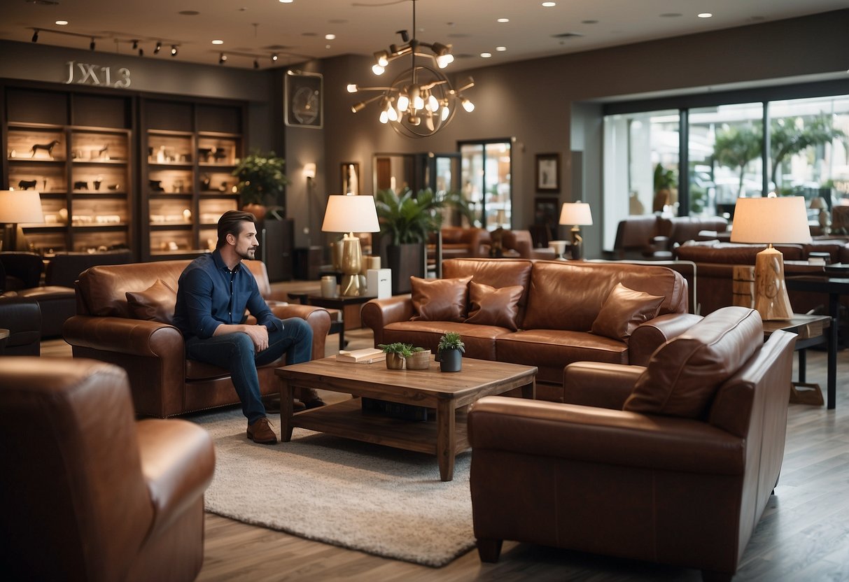 A customer browsing through various leather furniture pieces in a spacious store, with signage indicating "Frequently Asked Questions" displayed prominently