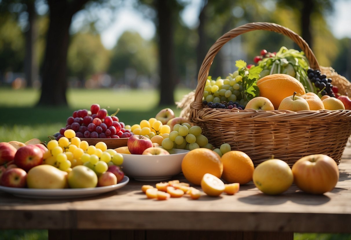 A table filled with colorful fruits, vegetables, and whole grains. A basket holds fresh bread and lean meats. A sunny park backdrop completes the scene