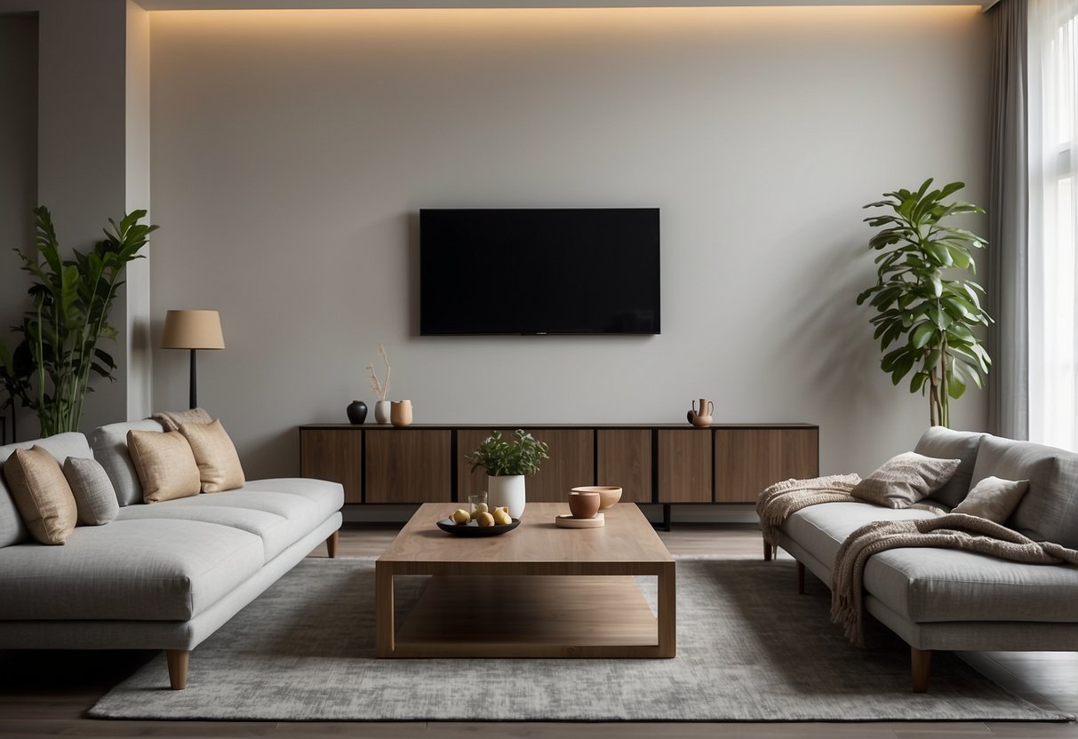 Furniture arranged in a rectangular living room: sofa against longest wall, chairs opposite, coffee table in center, and TV on shorter wall