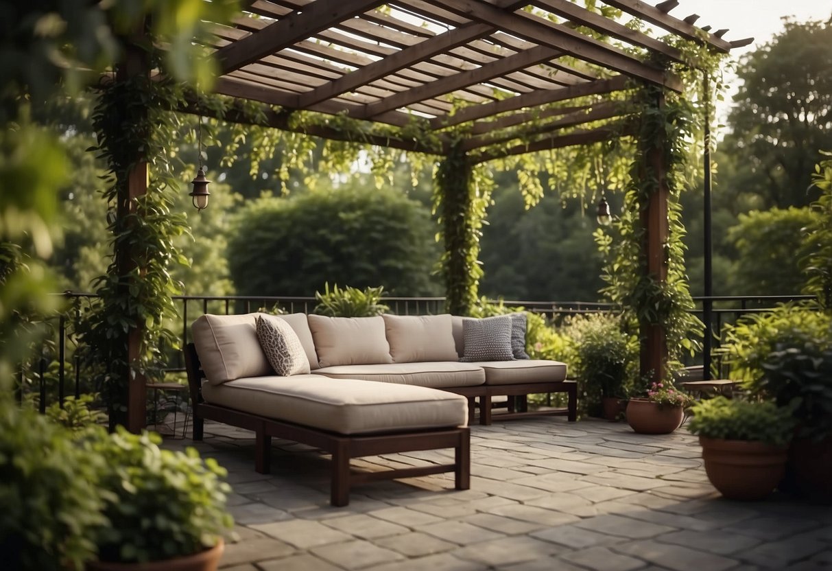 A cozy outdoor furniture set surrounded by lush greenery, with a pergola overhead and a soft breeze rustling the leaves
