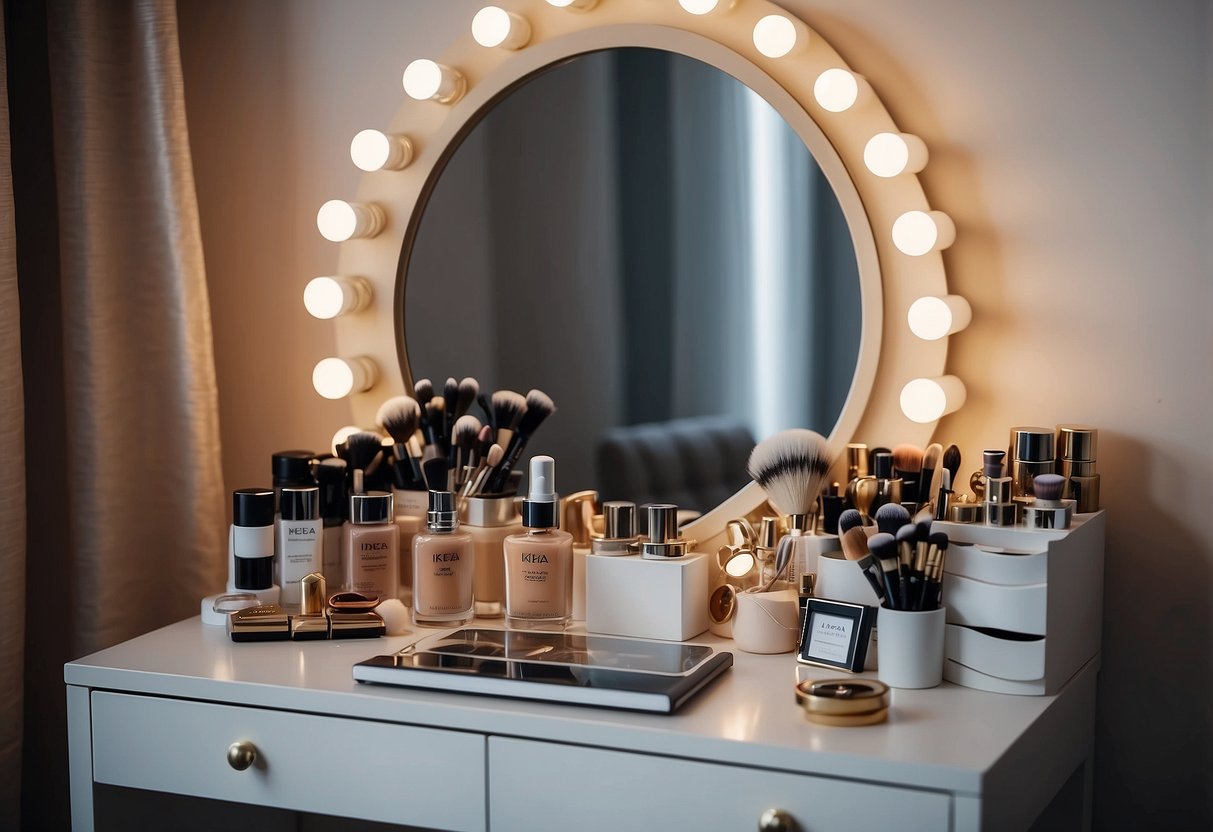 A well-lit dressing area with an IKEA furniture dressing table, surrounded by neatly organized cosmetics and accessories