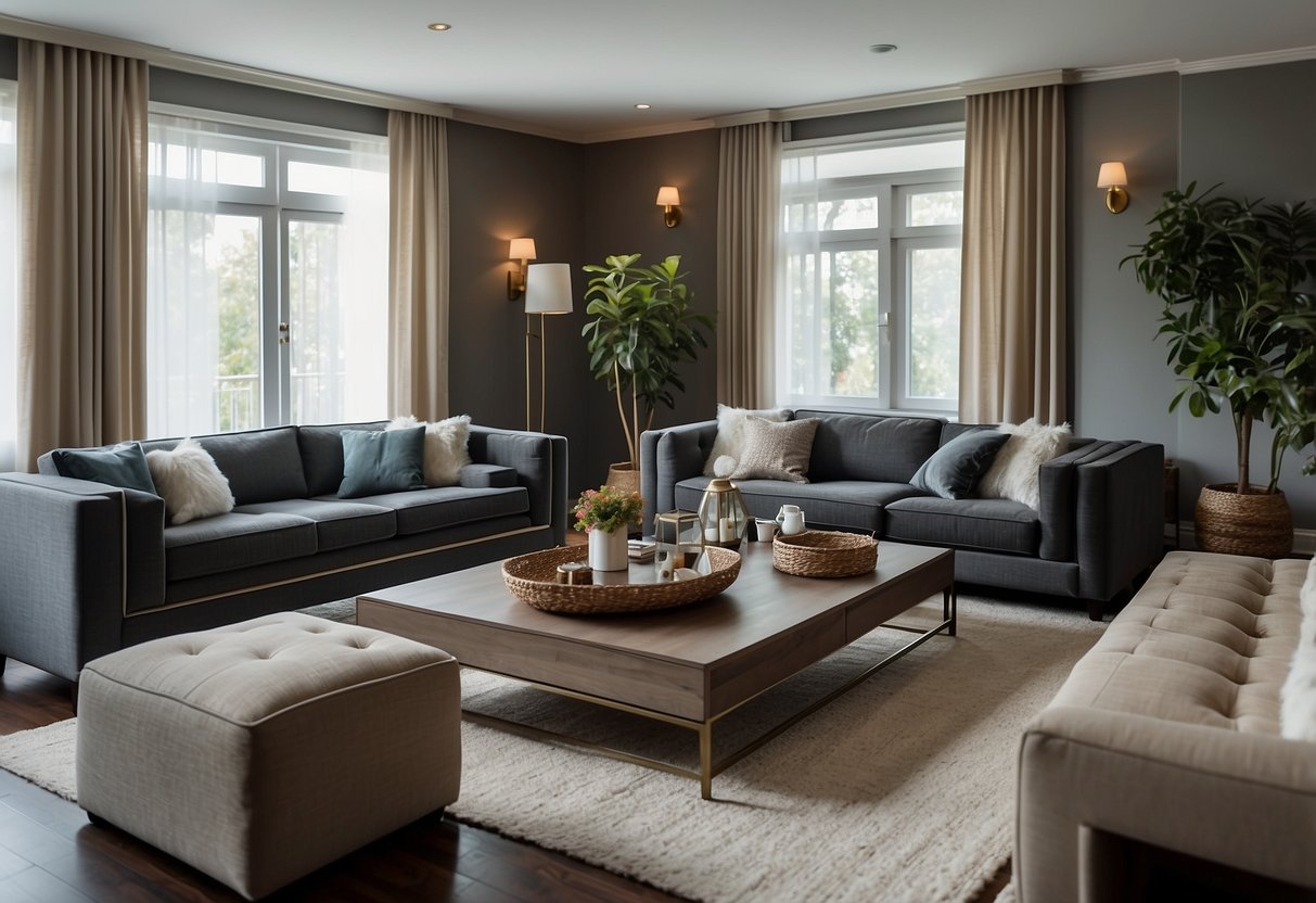 A rectangular living room with furniture arranged in a balanced and symmetrical layout, creating clear pathways and maximizing space for comfortable seating