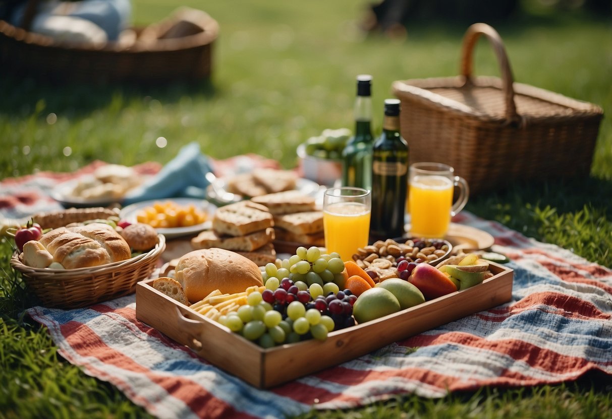 A colorful picnic blanket spread out on lush green grass, surrounded by baskets of delicious food, refreshing drinks, and a scattering of playful outdoor games