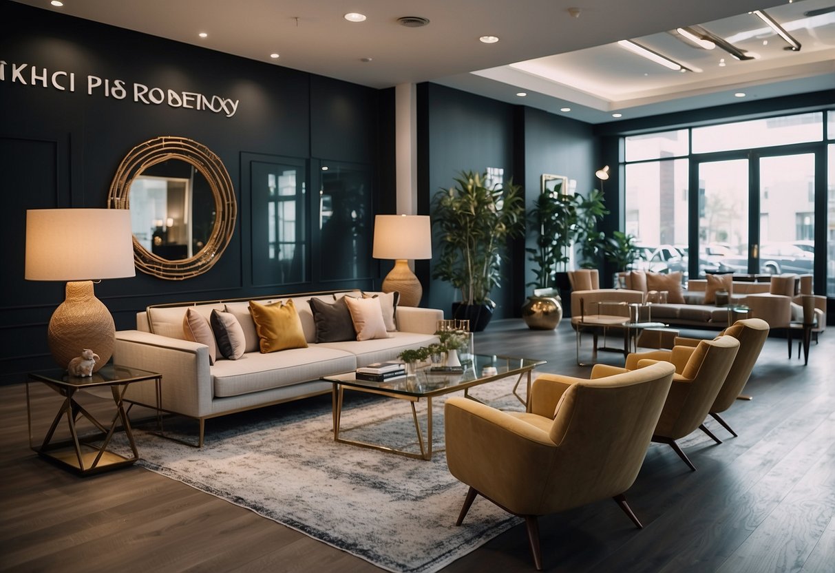 A spacious showroom with modern and classic furniture displays, bright lighting, and a welcoming ambiance