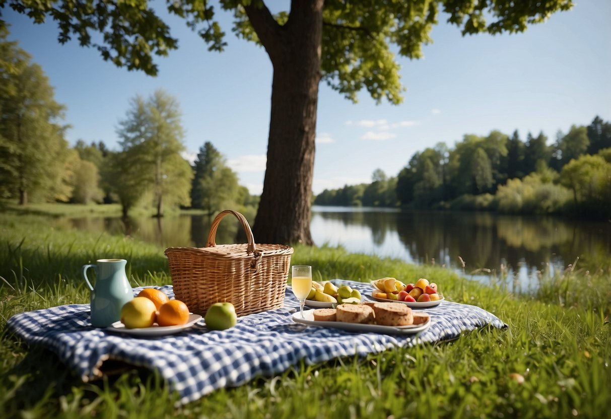 A lush green park with a winding river, tall trees, and a clear blue sky. A picnic blanket is spread out with a wicker basket, colorful cushions, and a spread of delicious food