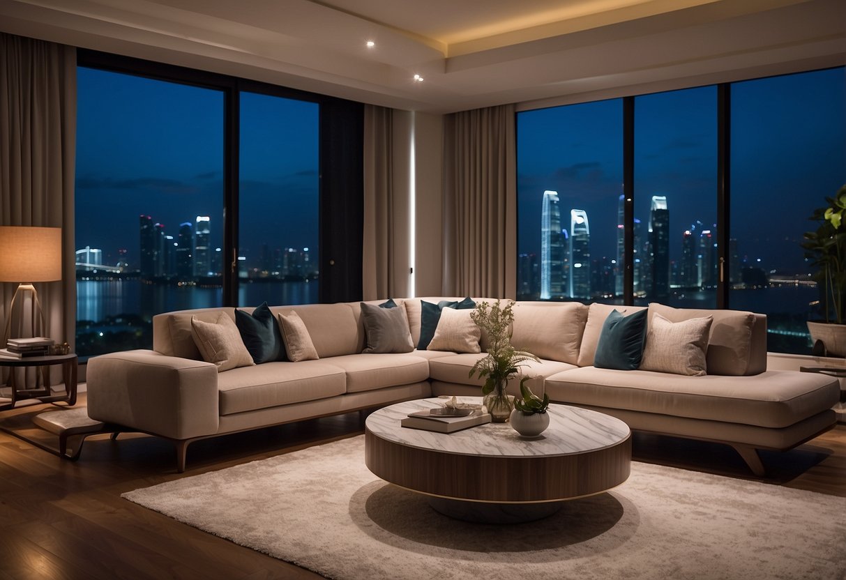 A cozy living room with modern designer furniture, neatly arranged in a stylish apartment in Singapore. The space exudes luxury and comfort, with sleek lines and elegant finishes