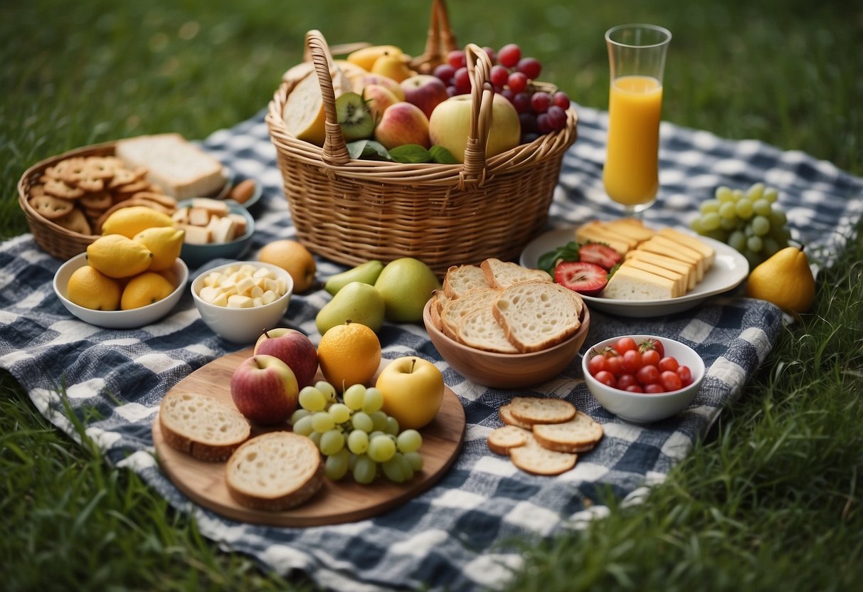 A picnic spread with a variety of foods and drinks on a checkered blanket, surrounded by lush green grass and blooming flowers. A basket filled with fruits, sandwiches, and snacks sits nearby