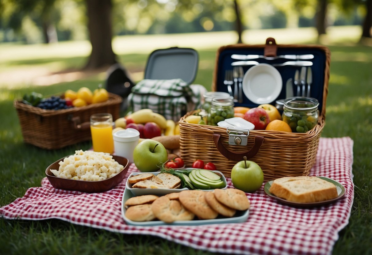 A picnic basket filled with prepped food, neatly arranged on a checkered blanket in a lush green park setting. Nearby, a cooler and a stack of colorful plates and utensils await the arrival of guests