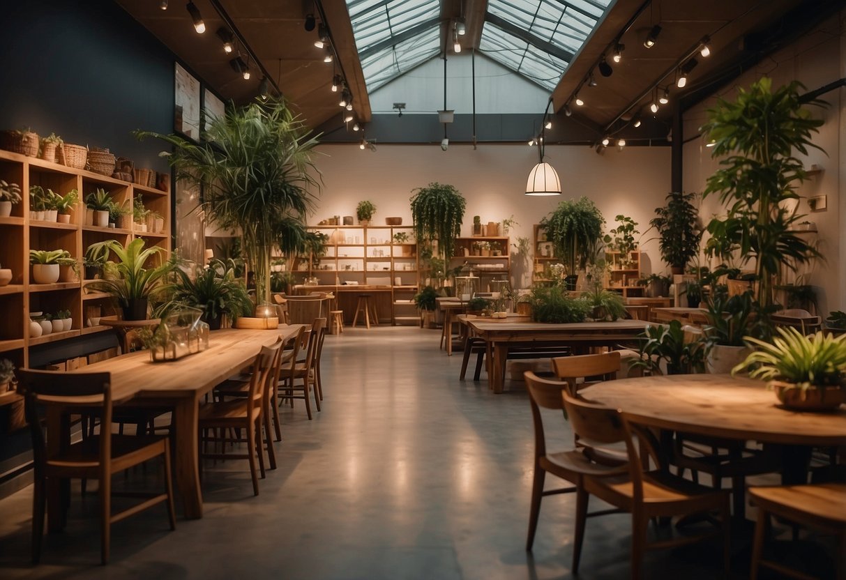 A spacious furniture shop with warm lighting, displaying wooden tables, chairs, and shelves. A cozy atmosphere with plants and decorative items scattered around