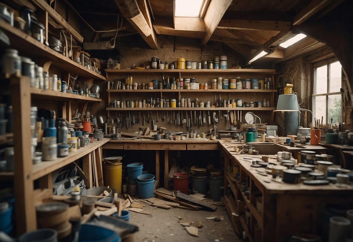 A cluttered workshop with tools, wood scraps, and various pieces of furniture in need of repair. Shelves lined with paint cans and varnish