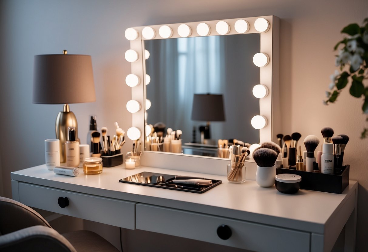 A well-lit room with a neatly organized dressing table from Ikea. Various beauty products and accessories are neatly arranged on the table, with a mirror and a comfortable chair nearby