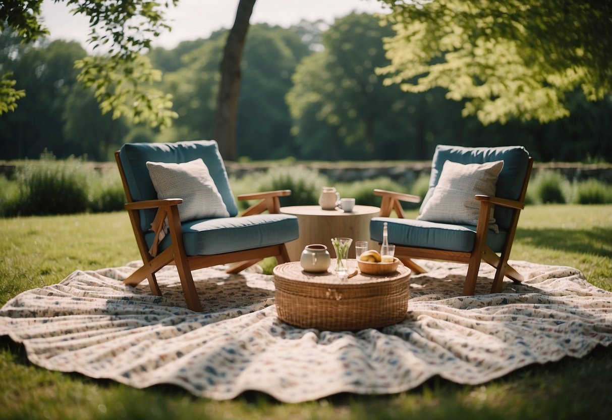 A picnic blanket spread out with cushions and low chairs arranged in a circle, surrounded by a lush green park with trees and a clear blue sky above