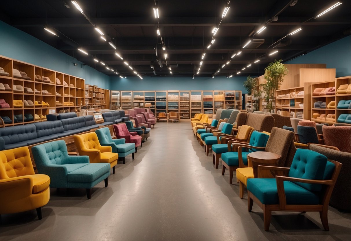 A spacious furniture shop with rows of neatly arranged chairs, tables, and shelves. Bright lighting illuminates the polished wooden surfaces and colorful fabric upholstery