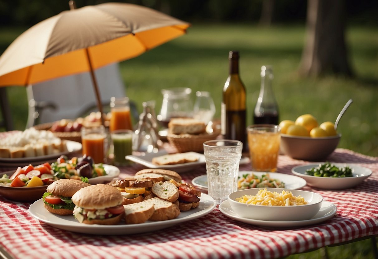 A picnic blanket is spread out with a variety of food and drinks arranged neatly. A large umbrella provides shade, and a table is set up with plates, utensils, and napkins