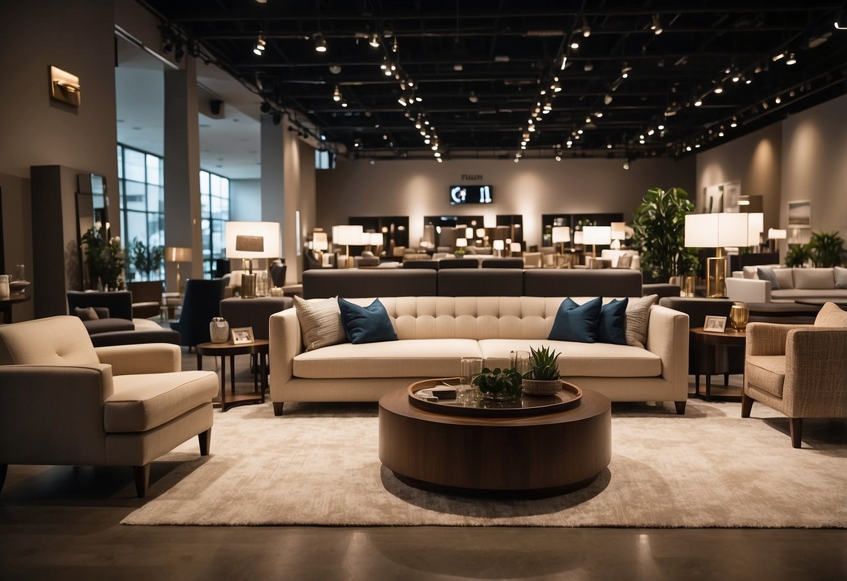 A spacious furniture store with neatly arranged display areas, aisles, and seating sections. Various furniture pieces are showcased, including sofas, tables, and chairs. Bright lighting and a clean, modern aesthetic create an inviting atmosphere