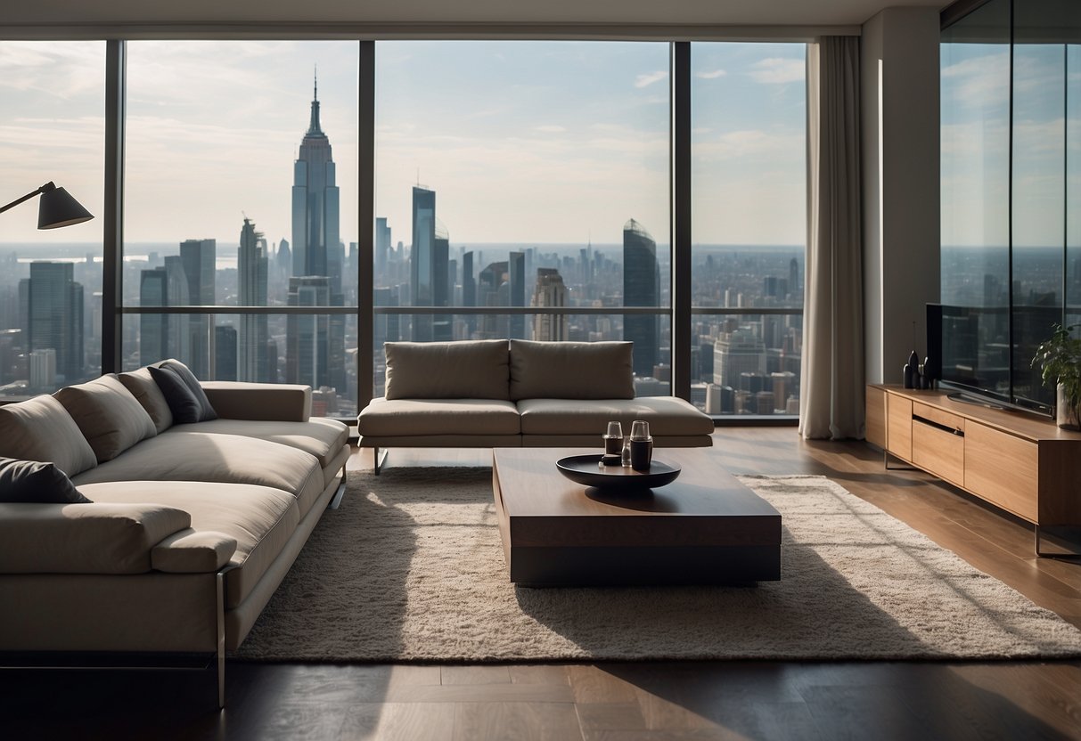 A modern, minimalist living room with sleek designer furniture and a panoramic city view in the background
