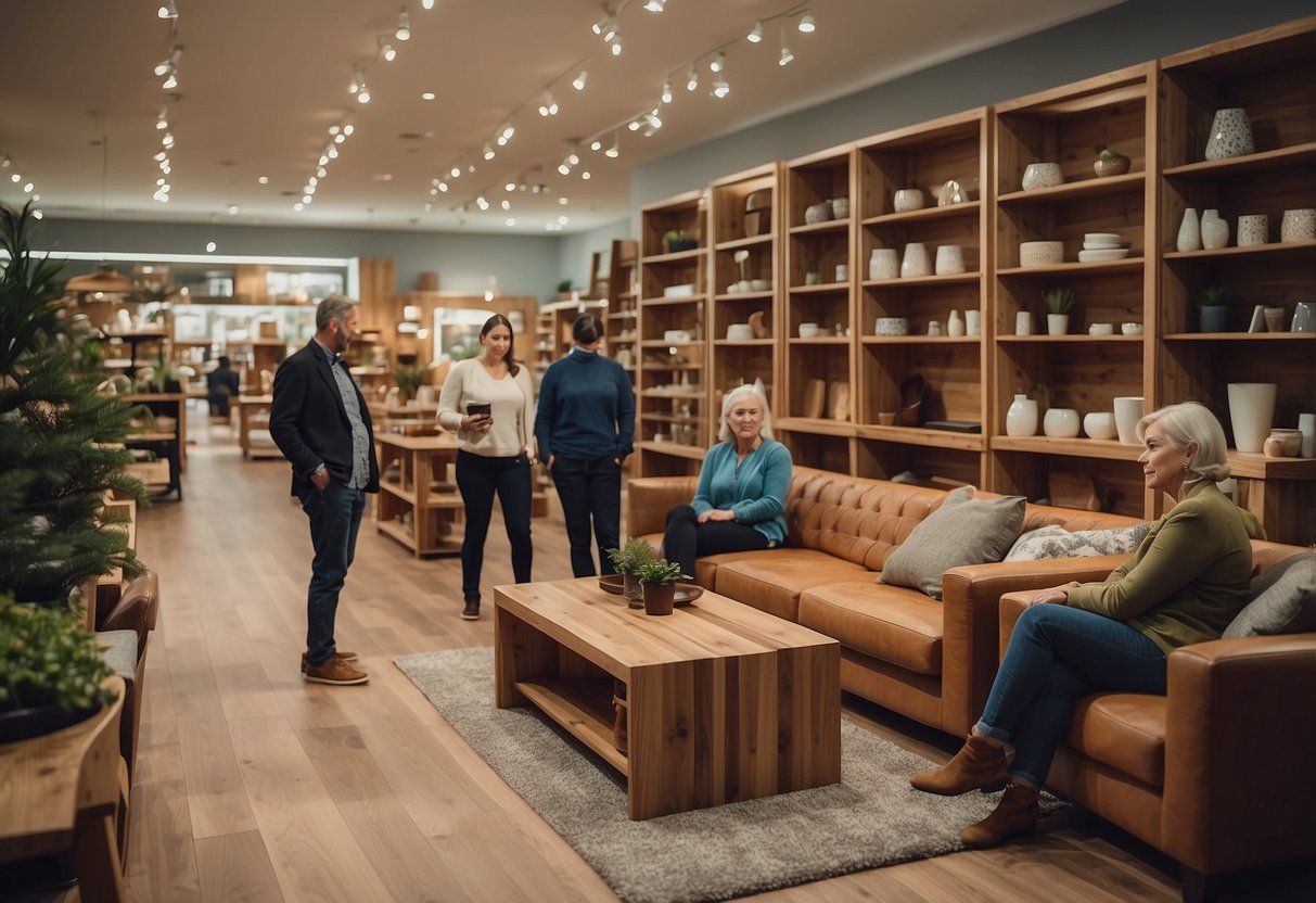 Customers browsing shelves, trying out sofas, admiring wooden tables in Woodlands furniture shop