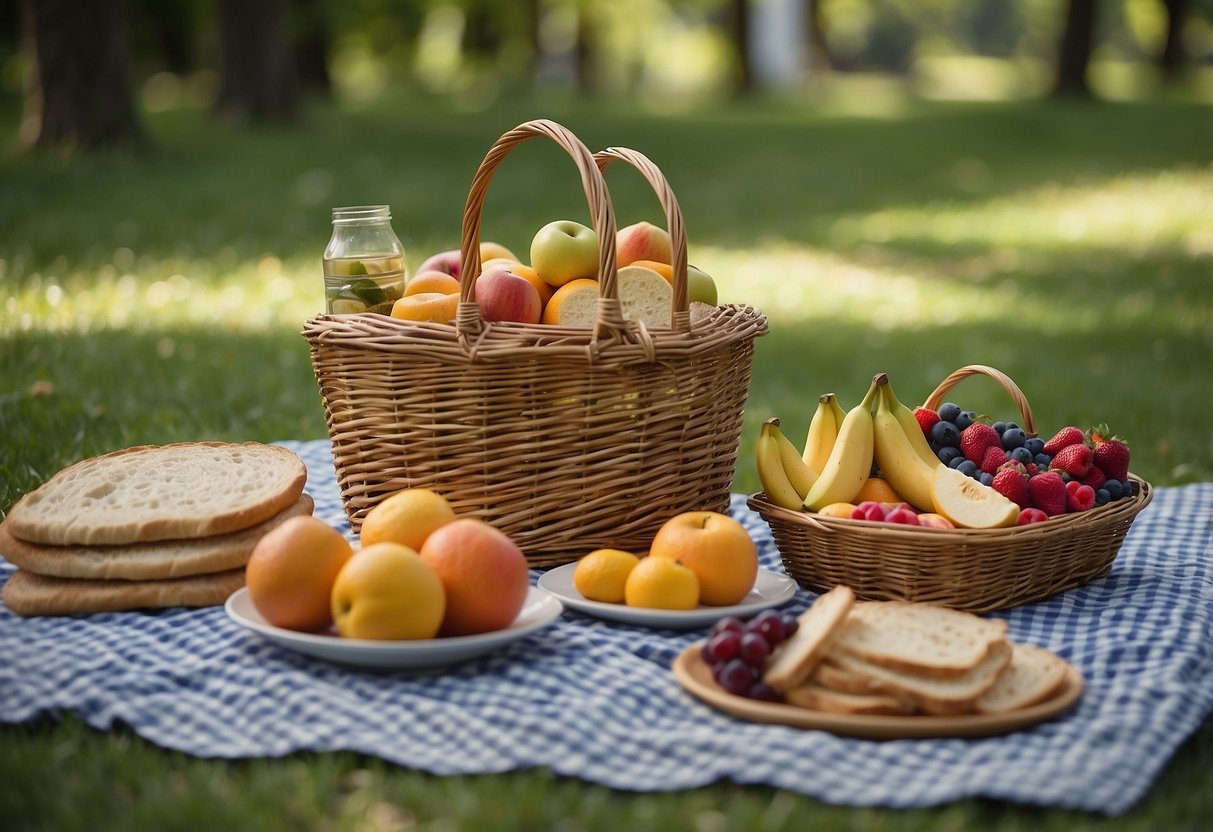 A grassy clearing under a canopy of trees, with a gingham picnic blanket spread out. A wicker basket filled with fruits and sandwiches, surrounded by colorful cushions for seating