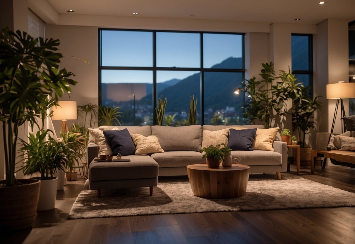 A cozy living room with modern furniture, warm lighting, and plants. A customer service representative assists a couple with their inquiries