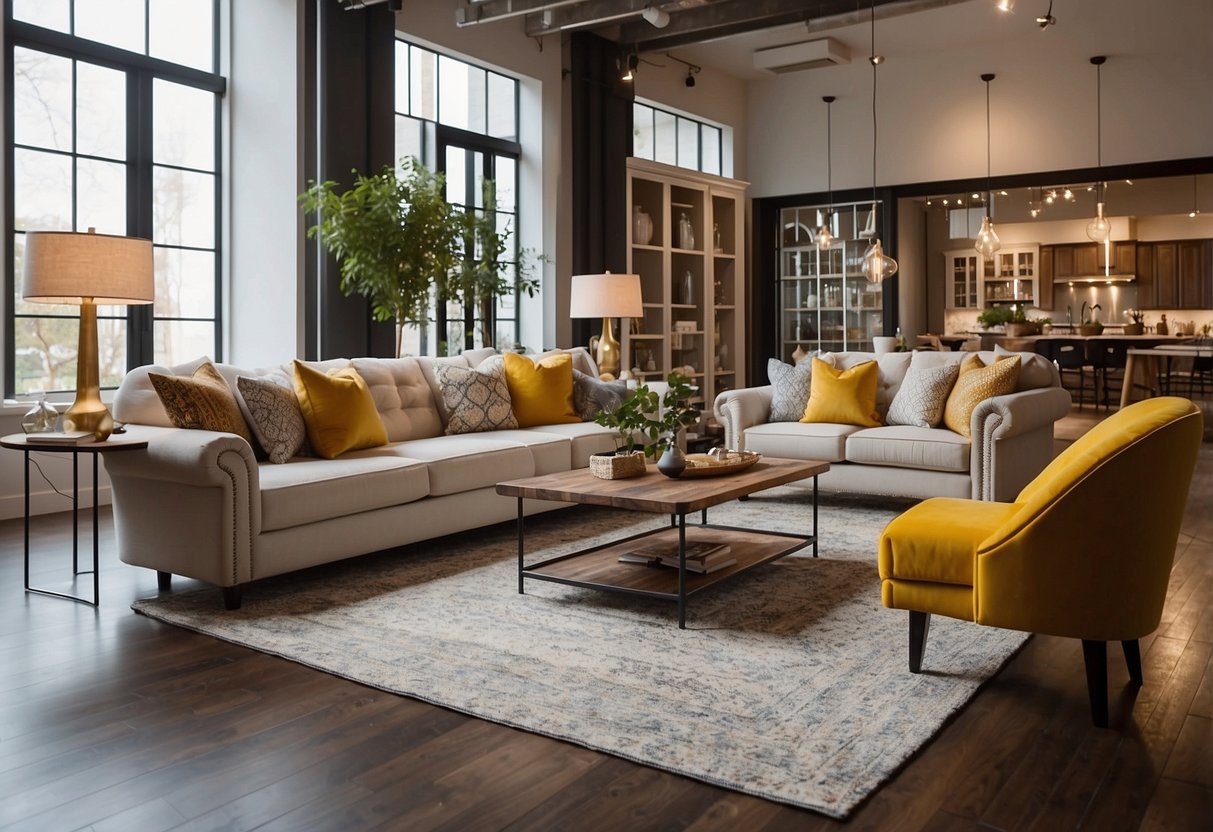 A spacious furniture store layout with well-defined sections for living room, bedroom, dining, and office furniture. Bright lighting and clean, modern displays showcase a variety of styles and designs