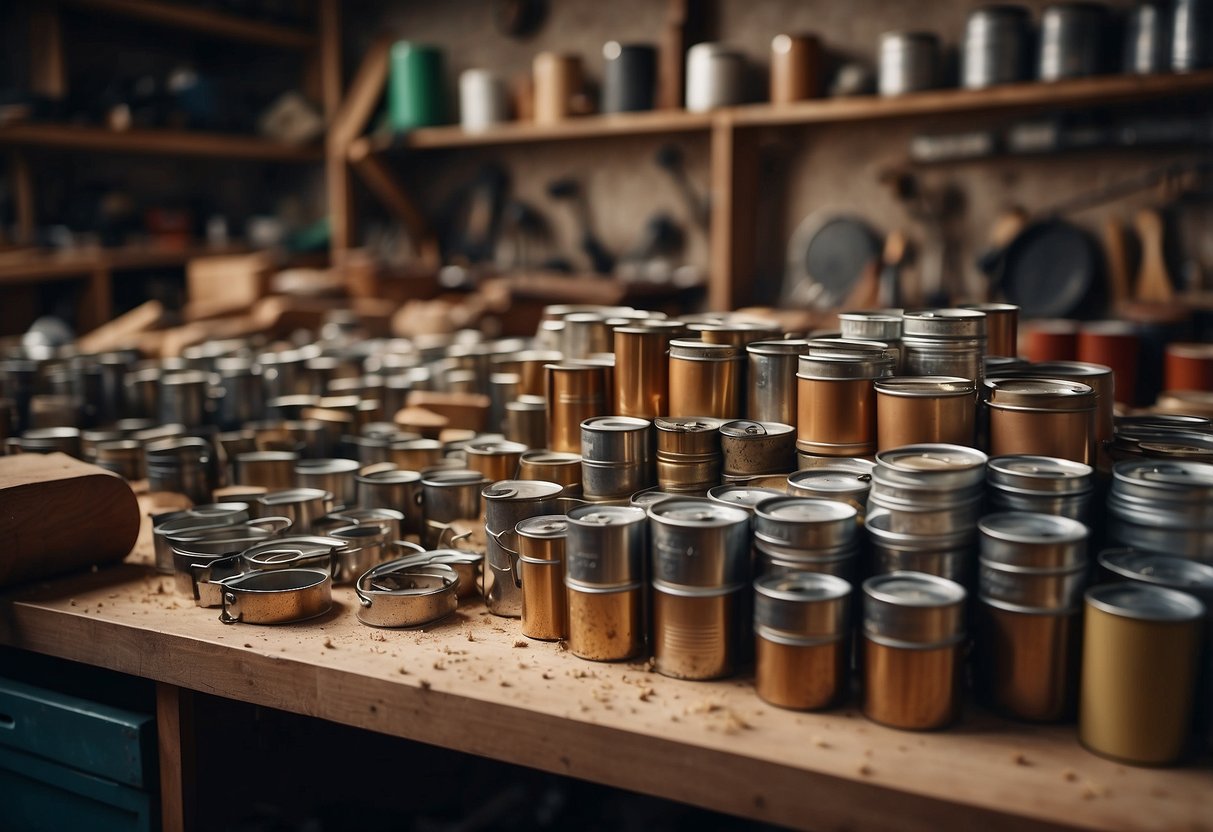 A cluttered workshop with tools, wood shavings, and various pieces of furniture in need of repair. Shelves lined with cans of varnish and stain