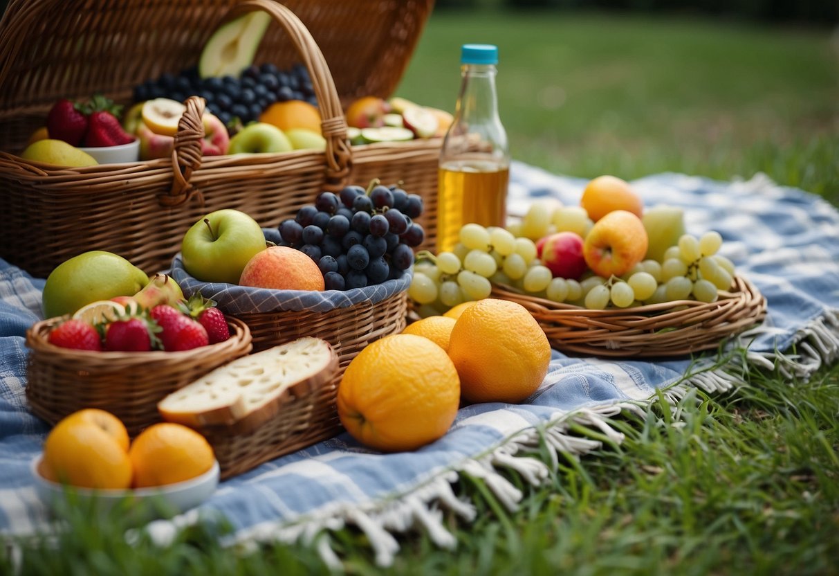 A picnic blanket spread with a colorful array of fresh fruits, sandwiches, and drinks. A wicker basket and cooler sit nearby, ready for a fun outdoor gathering