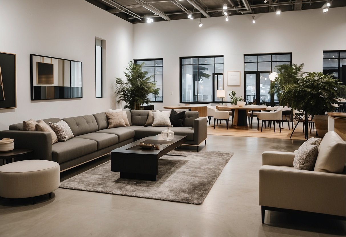 A modern furniture showroom displays sleek, minimalist designs in neutral tones. Clean lines and geometric shapes dominate the space, with a focus on functionality and simplicity