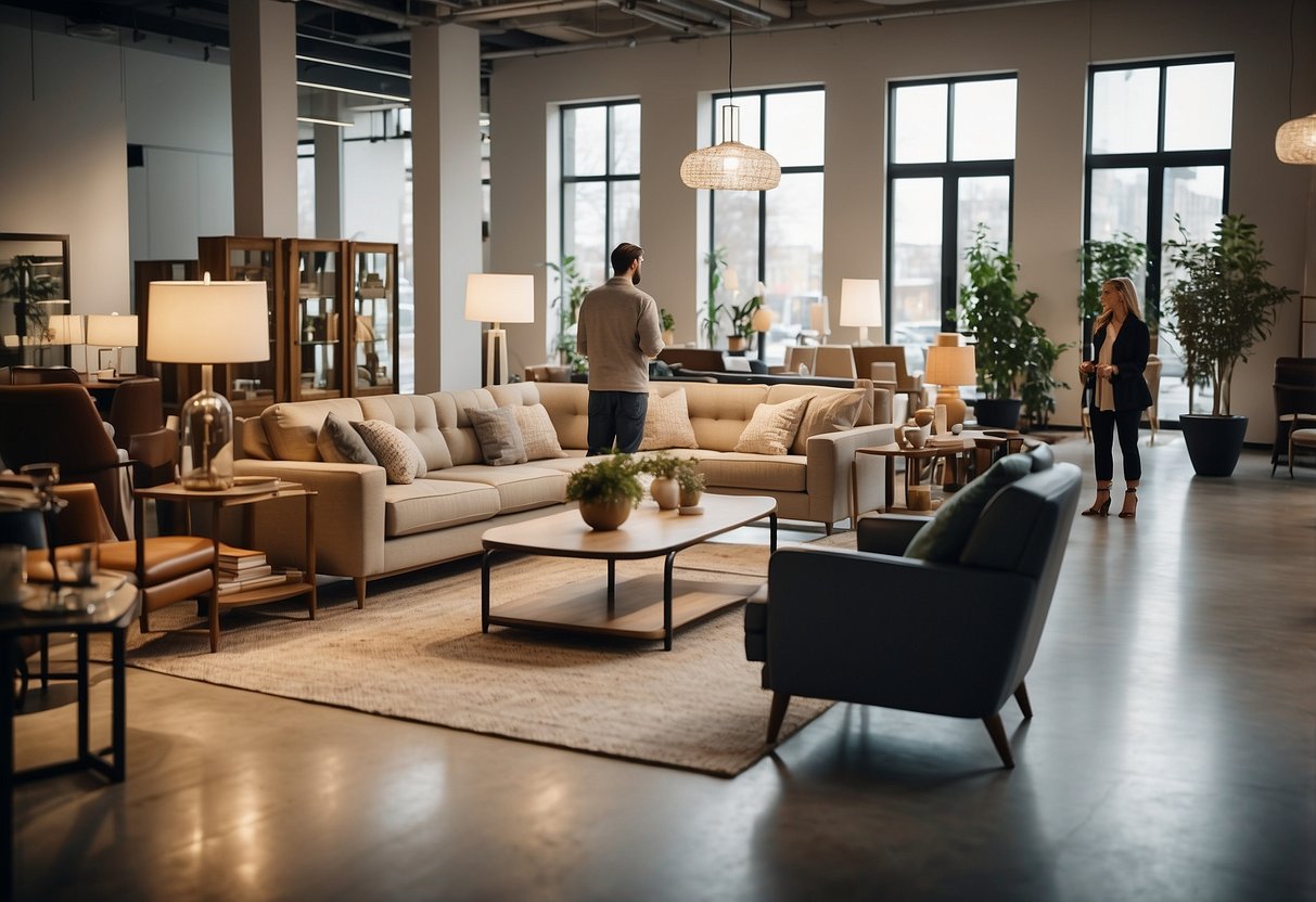 Customers browsing modern and vintage furniture in a spacious showroom with large windows and natural lighting