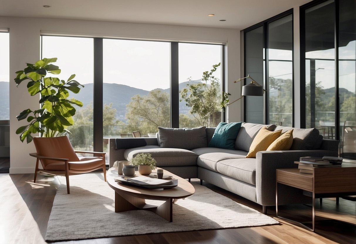 A modern living room with sleek, affordable designer furniture, clean lines, and functional storage solutions. Bright, natural light fills the space, creating a welcoming and stylish atmosphere