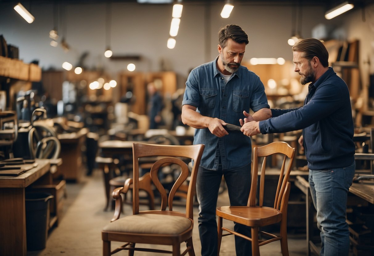 A customer points to a damaged chair while a repair technician examines it closely in a well-lit furniture repair shop