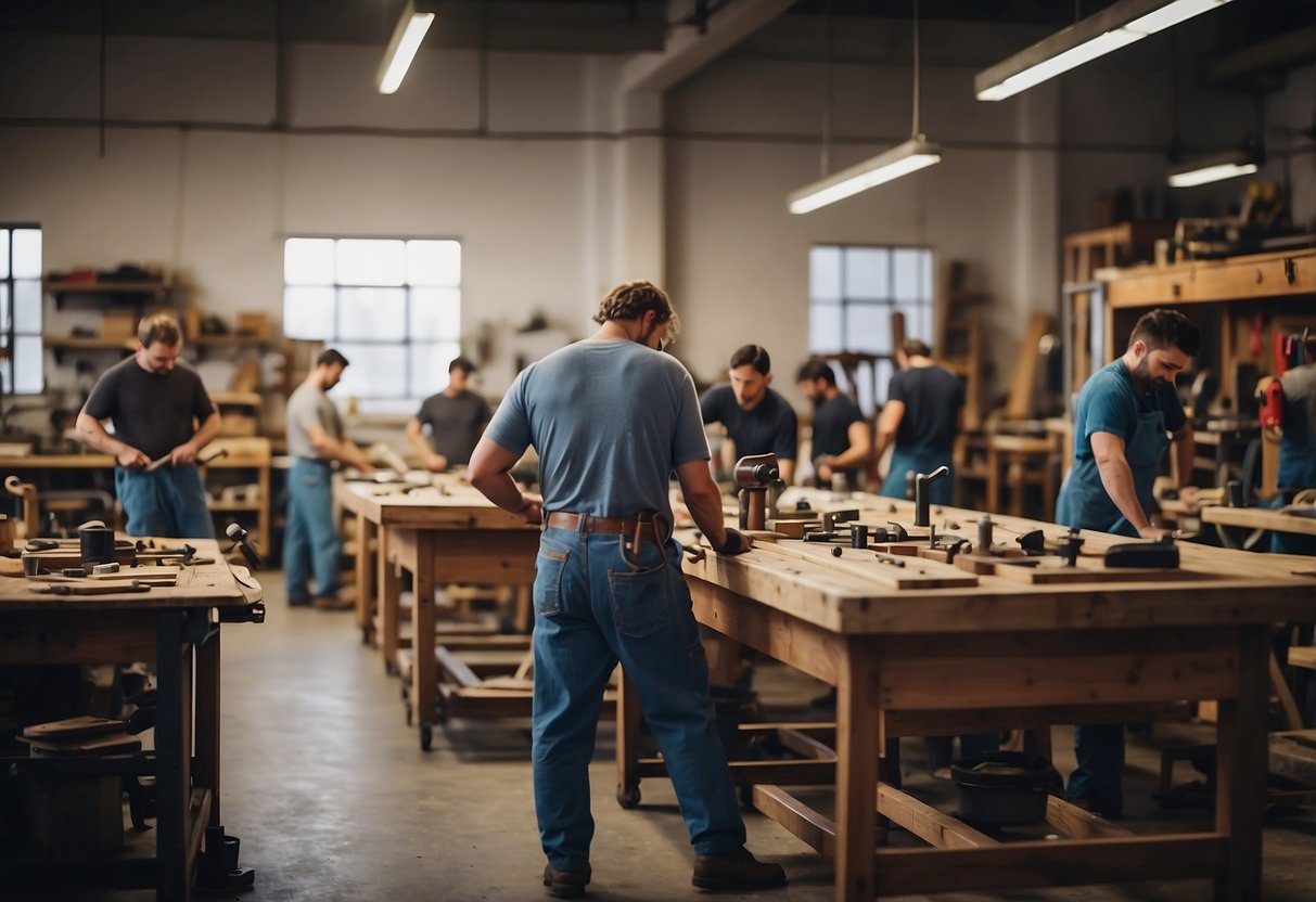 A busy furniture repair shop with customers waiting, tools scattered on workbenches, and workers diligently fixing various pieces of furniture