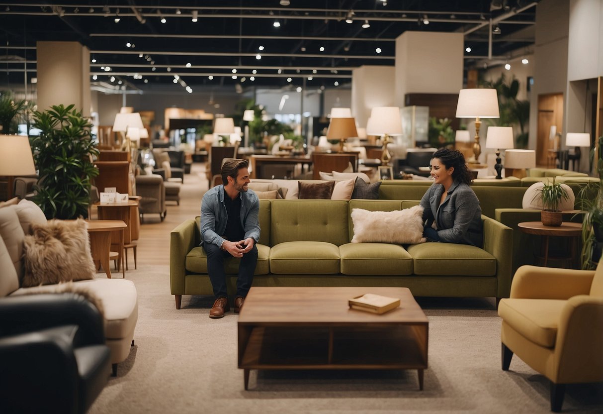 A bustling furniture store with customers browsing aisles, staff assisting, and a variety of stylish and modern furniture on display