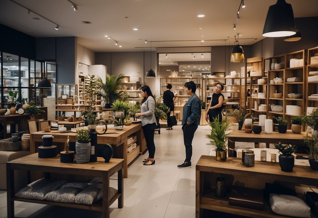 A bustling furniture shop in Woodlands, with customers browsing through various items. Shelves are lined with neatly displayed products, and staff members are assisting customers with their inquiries