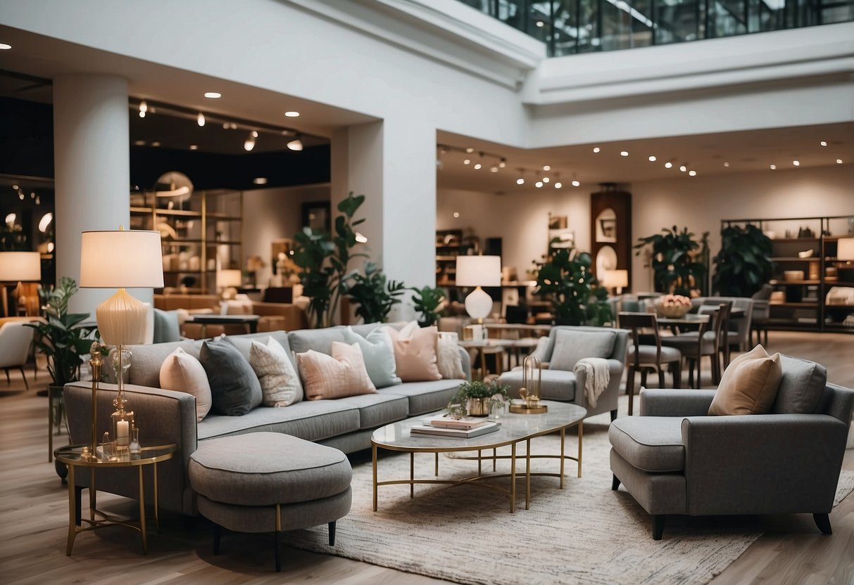 A spacious furniture shop with modern displays and cozy seating areas. Bright lighting and a variety of stylish pieces create an inviting shopping experience
