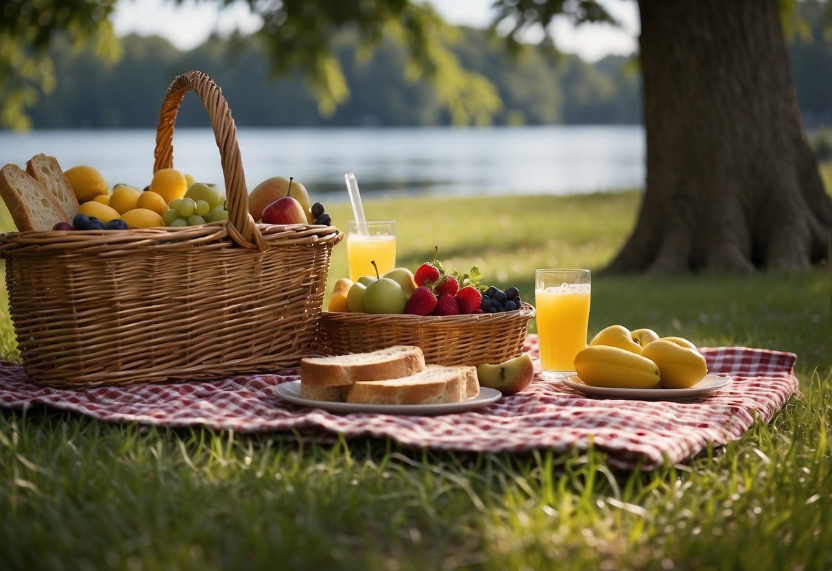 A picnic blanket spread under a shady tree, with a wicker basket filled with sandwiches, fruit, and drinks. Nearby, a serene lake or a scenic overlook in a national park