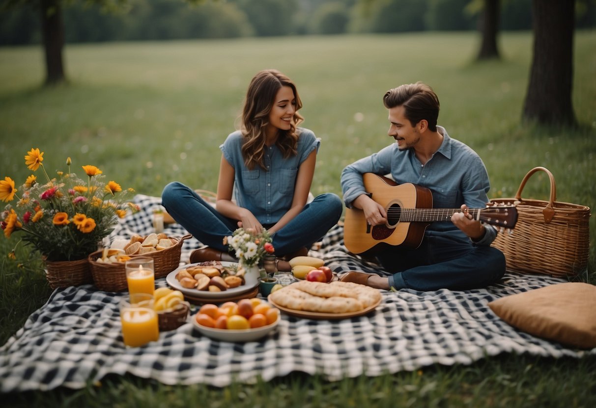 A couple sits on a checkered blanket surrounded by a variety of picnic foods and drinks. A bouquet of wildflowers adorns the center of the blanket, and a guitar leans against a nearby tree