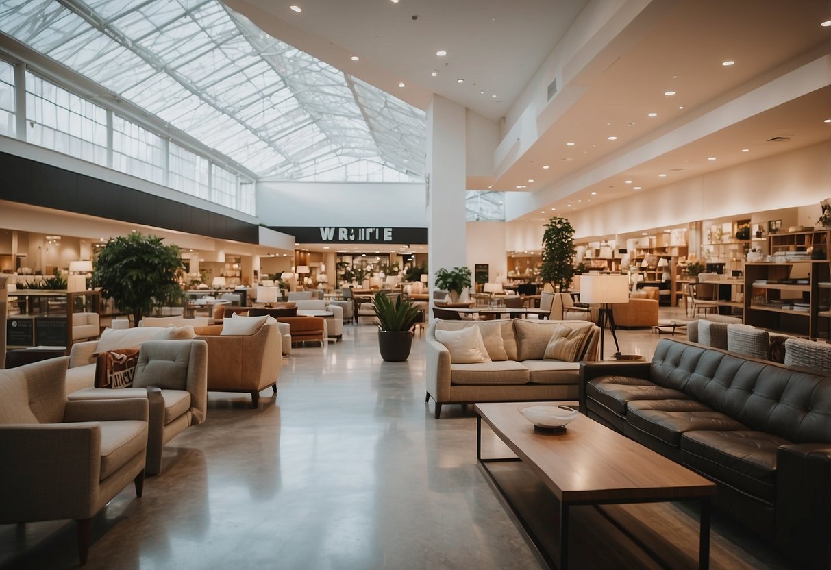 A spacious furniture store with clear aisles and organized displays. Bright lighting and comfortable seating areas enhance the shopping experience