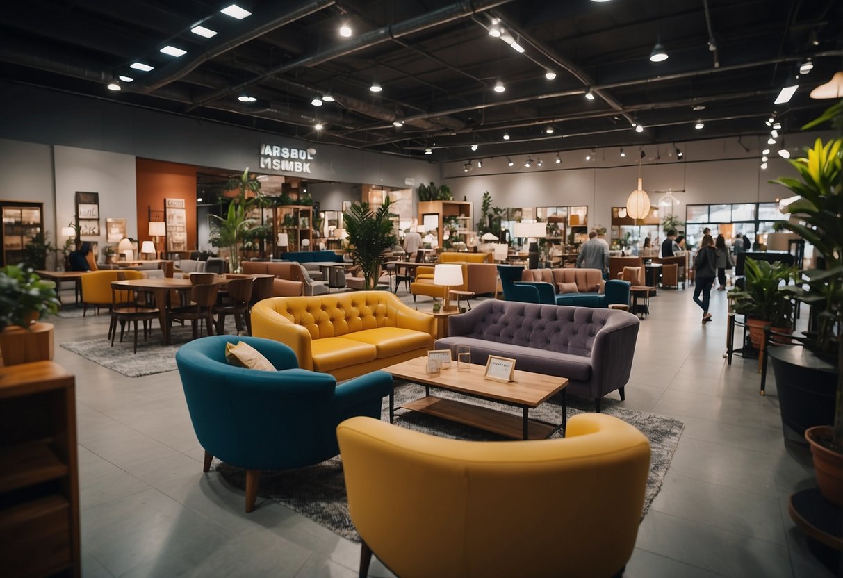 A bustling furniture shop with customers browsing, staff assisting, and colorful displays