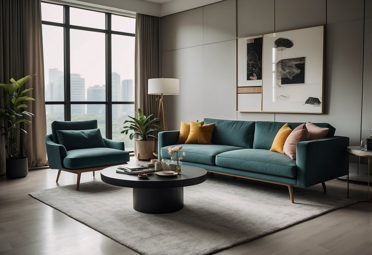 A modern living room with stylish and affordable designer furniture in Singapore. Clean lines, sleek finishes, and comfortable seating arrangements