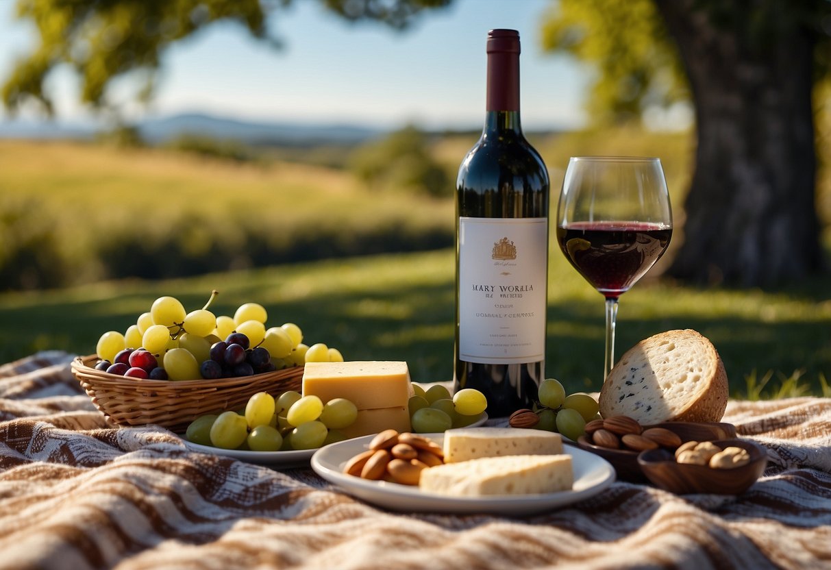 A picnic blanket spread with a variety of gourmet cheeses, crackers, fruits, and nuts. A bottle of wine and two glasses sit nearby, surrounded by greenery and a sunny blue sky