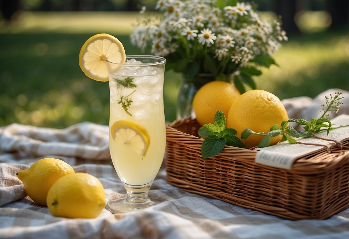 A glass of sparkling lemonade with a sprig of fresh mint sits on a checkered picnic blanket, surrounded by a wicker basket, a book, and a bouquet of wildflowers