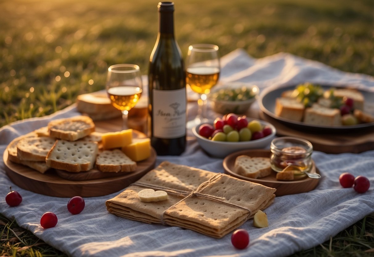 A picnic blanket with scattered love notes, surrounded by a spread of gourmet food and wine. A beautiful sunset casts a warm glow over the scene