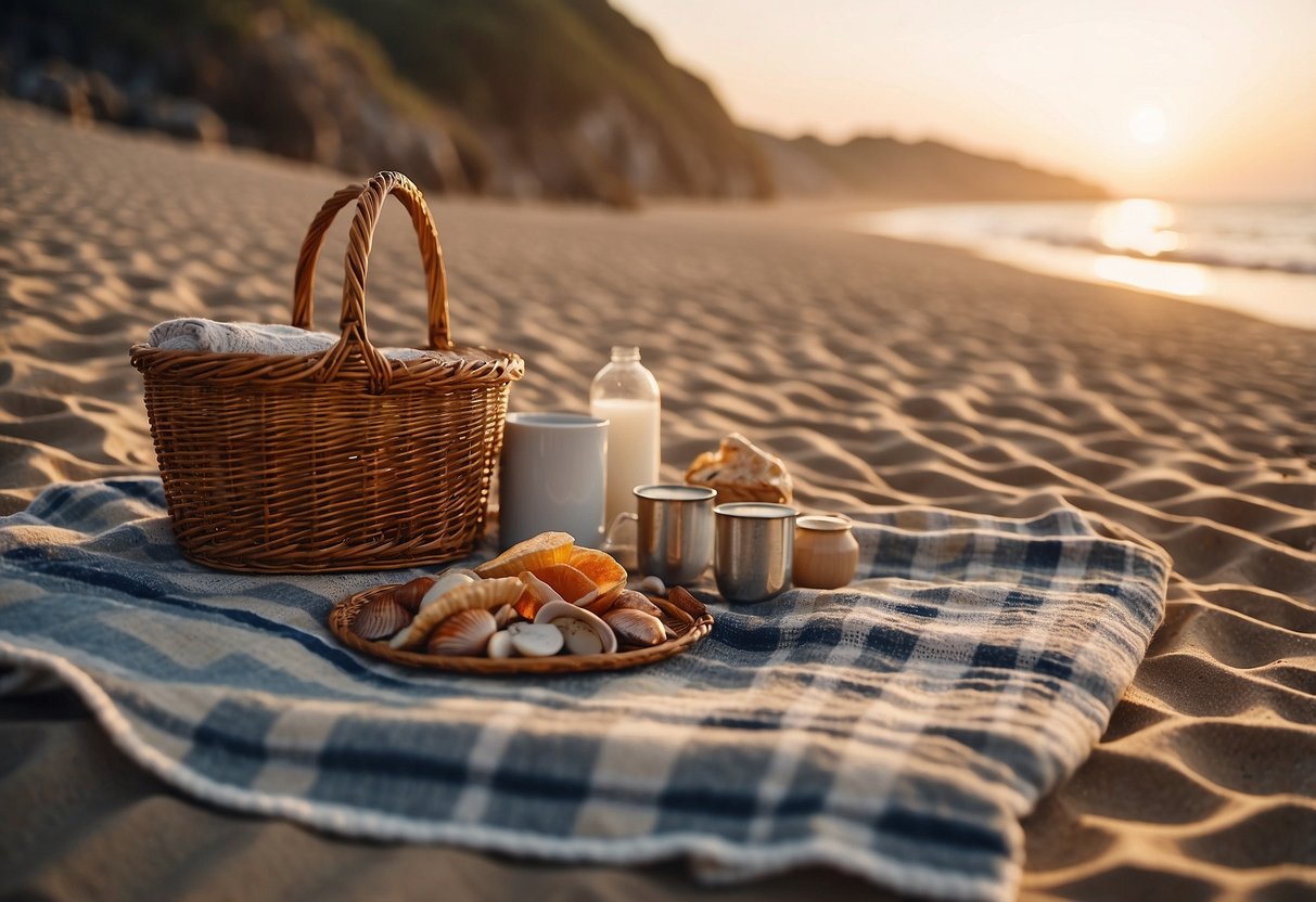 A couple's picnic blanket spread out on the sandy beach at sunset, with a basket of food and drinks, surrounded by scattered seashells and the calming sound of crashing waves