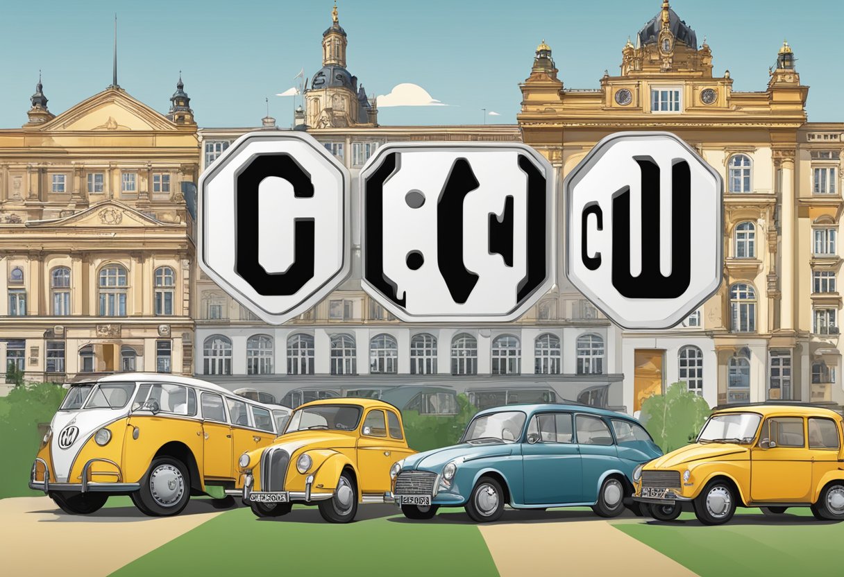 A German license plate with the letters "CW" prominently displayed, surrounded by various landmarks and symbols representing the history and significance of the CW identifier in Germany