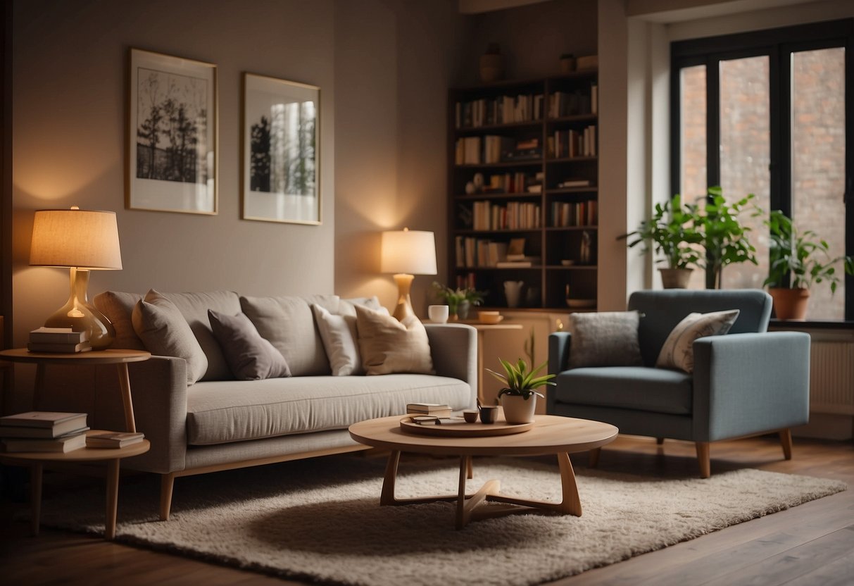 A cozy living room with a plush sofa, coffee table, and bookshelves. A soft rug lies on the floor, and warm lighting fills the space